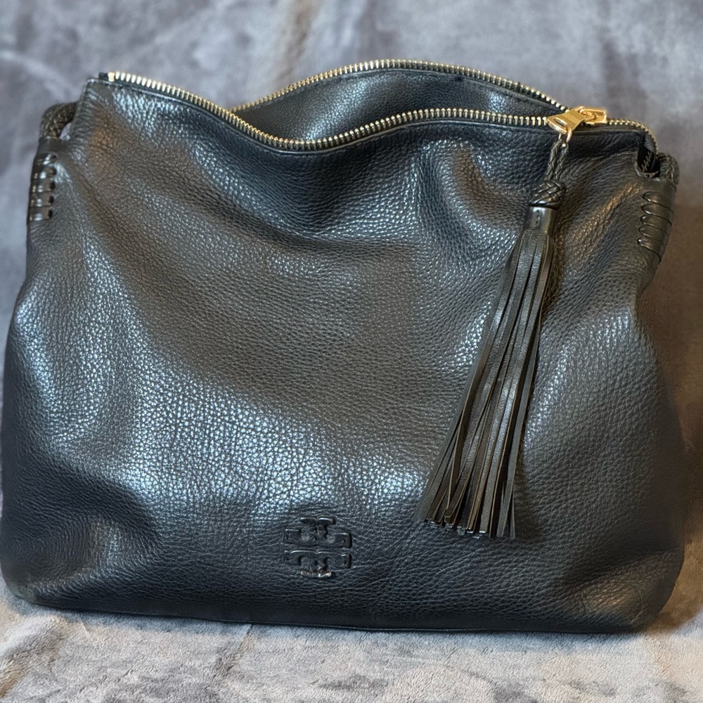 Tory Burch Black Leather Shoulder Bag with Tassel
